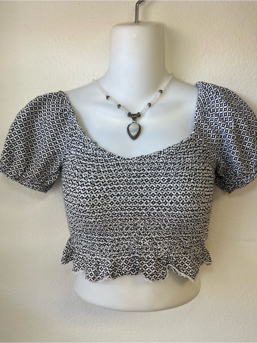 Black & White Smocked Peplum Crop Top with Puff Sleeves